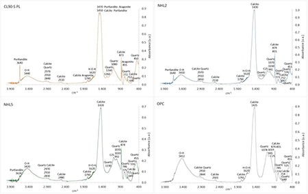 FTIR spectra of the mortars studied.