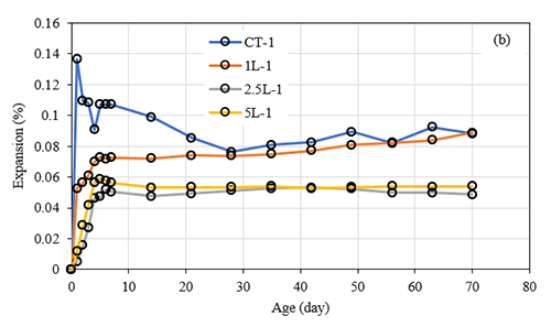 Un gráfico de líneas muestra la expansión porcentual en función de la edad en días para cuatro diferentes muestras etiquetadas como CT-1, 1L-1, 2.5L-1 y 5L-1, con variaciones visibles en las tendencias de expansión a lo largo del tiempo.

Descripción generada con IA