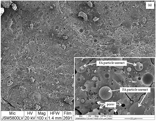 Micrografía electrónica que muestra partículas de ceniza volante sin reaccionar y poros en una superficie rugosa y granulada.

Descripción generada con IA