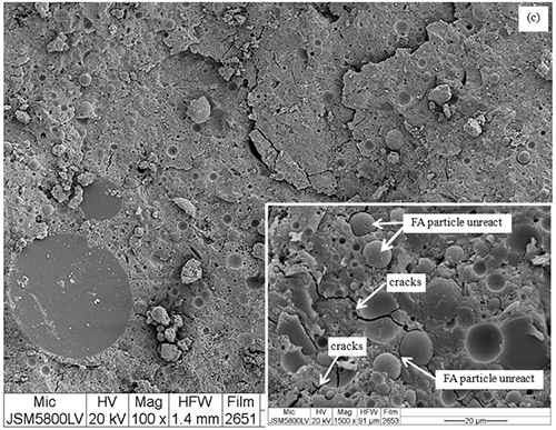 Micrografía electrónica que muestra partículas y grietas en una superficie con un recuadro ampliado que señala partículas no reaccionadas y grietas.

Descripción generada con IA