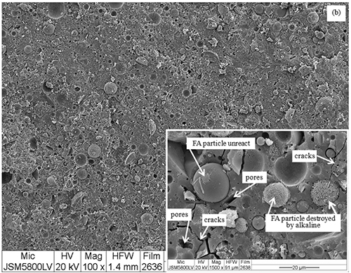 Micrografía electrónica que muestra partículas de FA con poros y grietas, algunas sin reaccionar y otras destruidas por álcalis, con un recuadro ampliado que detalla estas características.

Descripción generada con IA