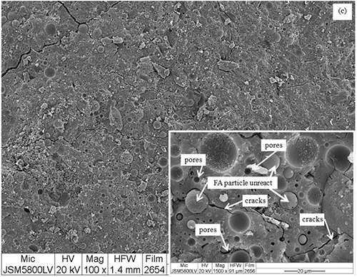 Micrografía electrónica que muestra una superficie con poros y grietas en partículas no reaccionadas de FA, con un recuadro ampliado que señala detalles específicos de poros y grietas.

Descripción generada con IA