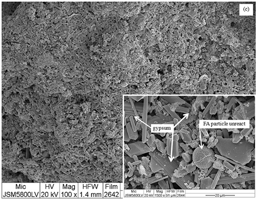 Micrografía electrónica que muestra una superficie porosa con un recuadro ampliado que identifica partículas de yeso y partículas de FA sin reaccionar.

Descripción generada con IA